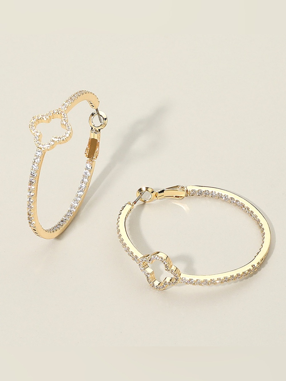 14K Gold Plated CZ Stone Paved Open Quatrefoil Accent Hoop Earrings